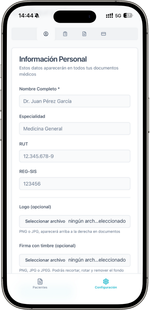 App móvil - Configuración personal