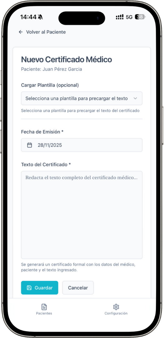 App móvil - Crear certificado médico